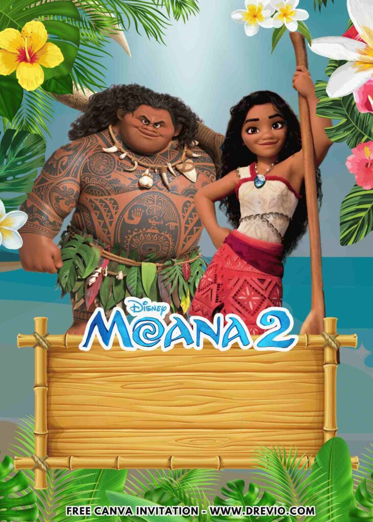 Free and Editable Disney Moana and Maui Birthday Invitation Templates Made in Canva. Customize Online for free