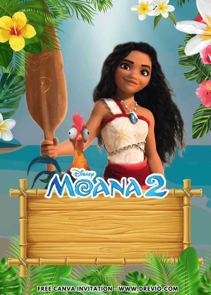 Free and Editable Disney Moana and HeiHei Chicken Birthday Invitation Templates Made in Canva. Customize Online for free