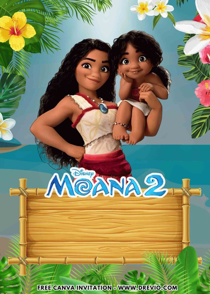 Free and Editable Disney Moana and Simea Birthday Invitation Templates Made in Canva. Customize Online for free