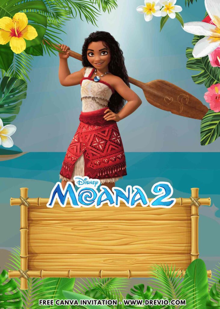 Free and Editable Polynesian Princess Disney Moana 2 Birthday Invitation Templates Made in Canva. Customize Online for free