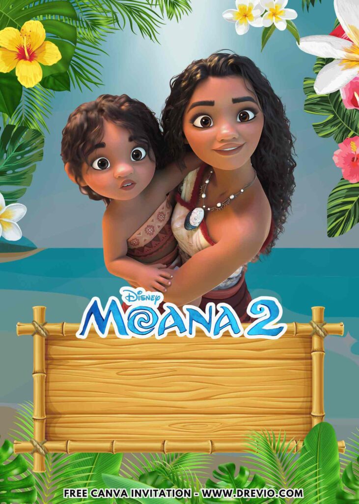 Free and Editable Disney Moana holding Simea Birthday Invitation Templates Made in Canva. Customize Online for free