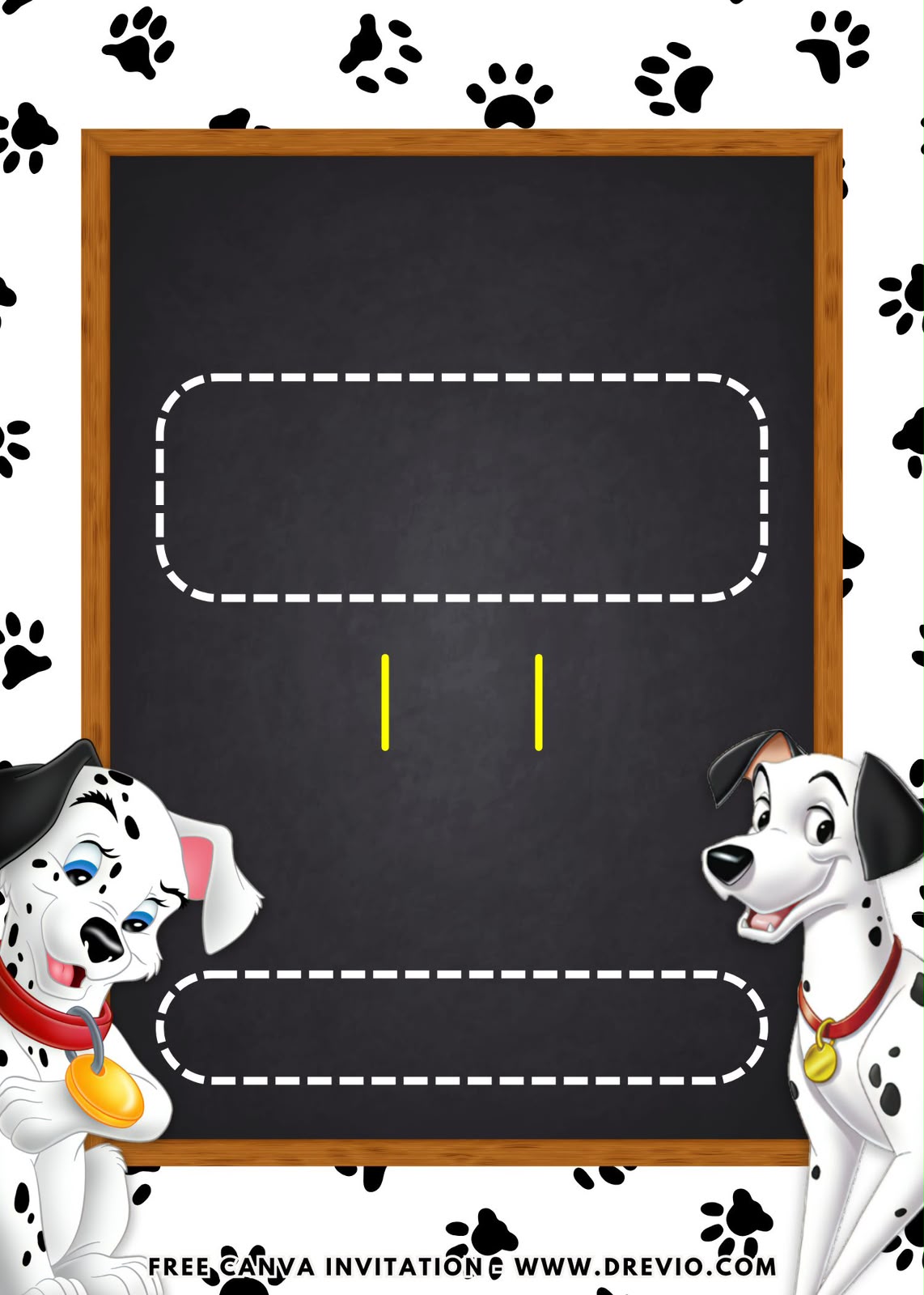 Cute Dalmatian puppy birthday invitation design with paw prints, red party accents, and customizable Canva layout