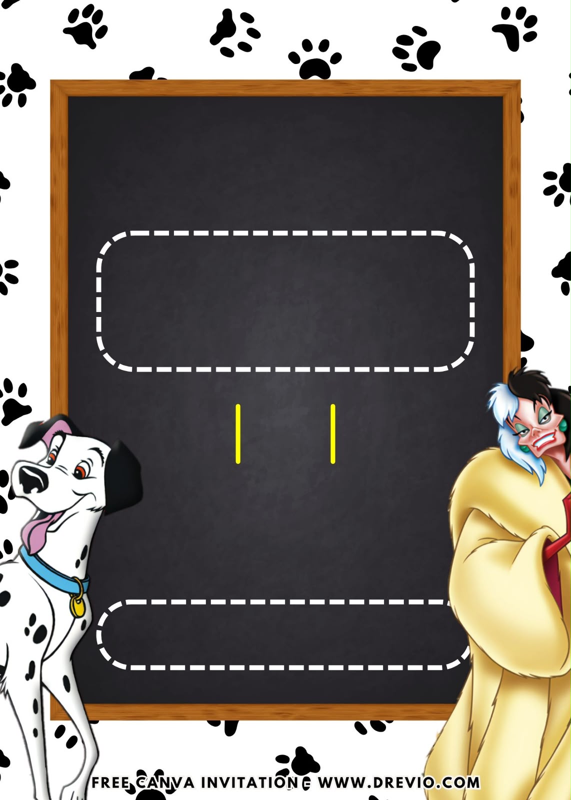 Editable 101 Dalmatian Invitation Canva template with cartoon puppies, black and white spotted background, and playful birthday typography