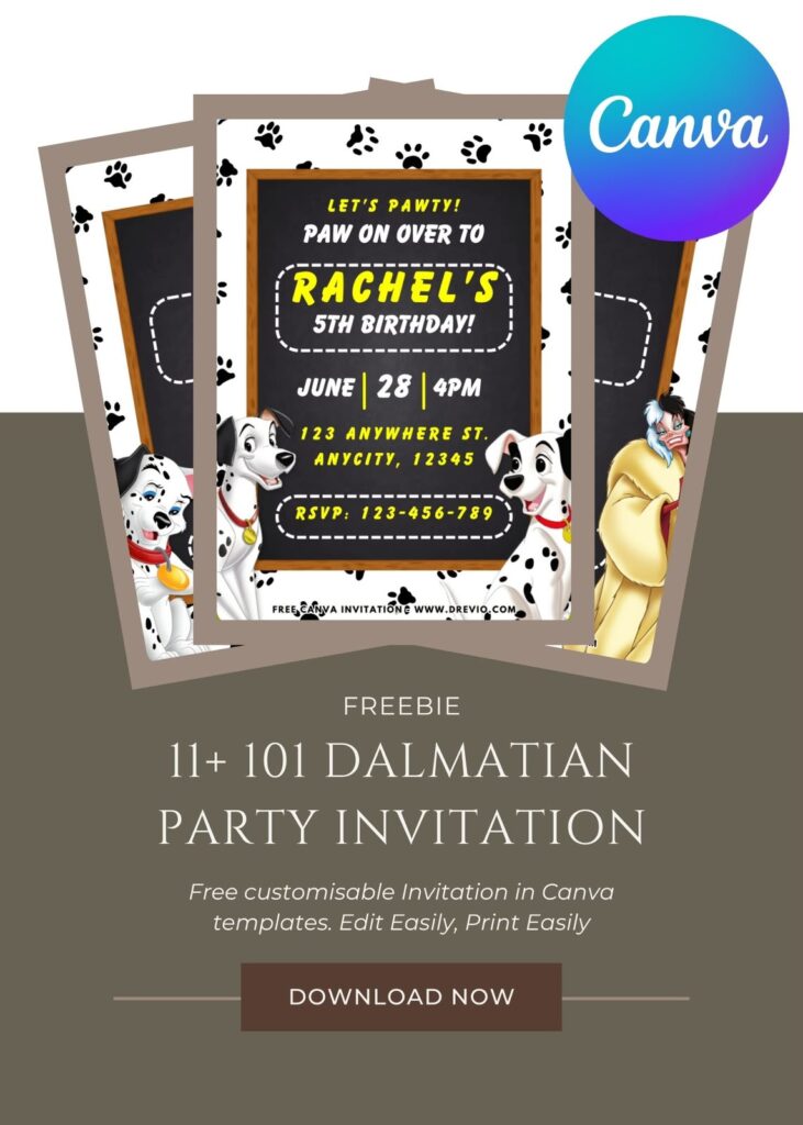 101 Dalmatian birthday invitation Canva template featuring black and white puppy spots, cute Dalmatian illustrations, red accents, and paw print details