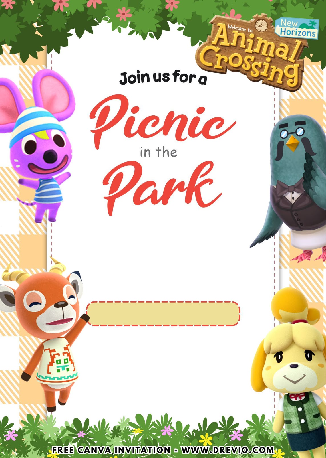 Editable Animal Crossing invitation template for kids birthday party with cute animals, island scenery, and soft pastel aesthetic