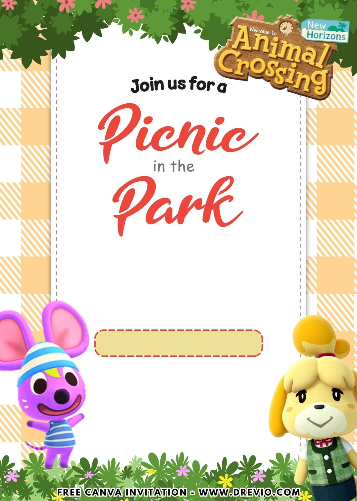Cute Animal Crossing birthday invitation Canva template with animal villagers, island elements, pastel colors, and playful birthday details
