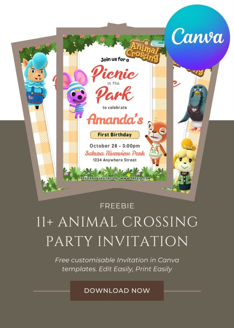 Animal Crossing birthday invitation template featuring cute woodland characters, pastel green island theme, leaf icons, and cozy gaming-inspired design