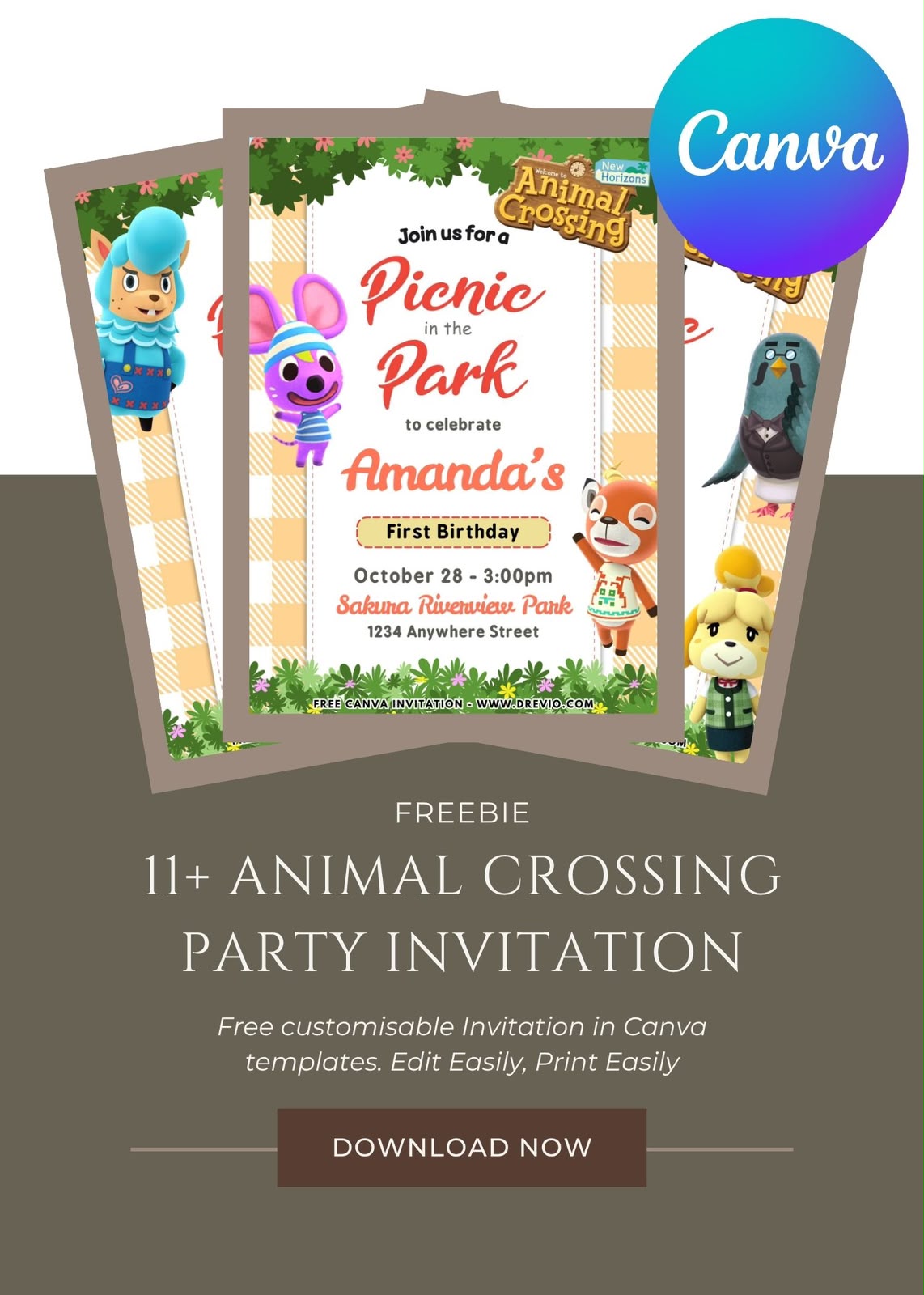 Animal Crossing birthday invitation template featuring cute woodland characters, pastel green island theme, leaf icons, and cozy gaming-inspired design