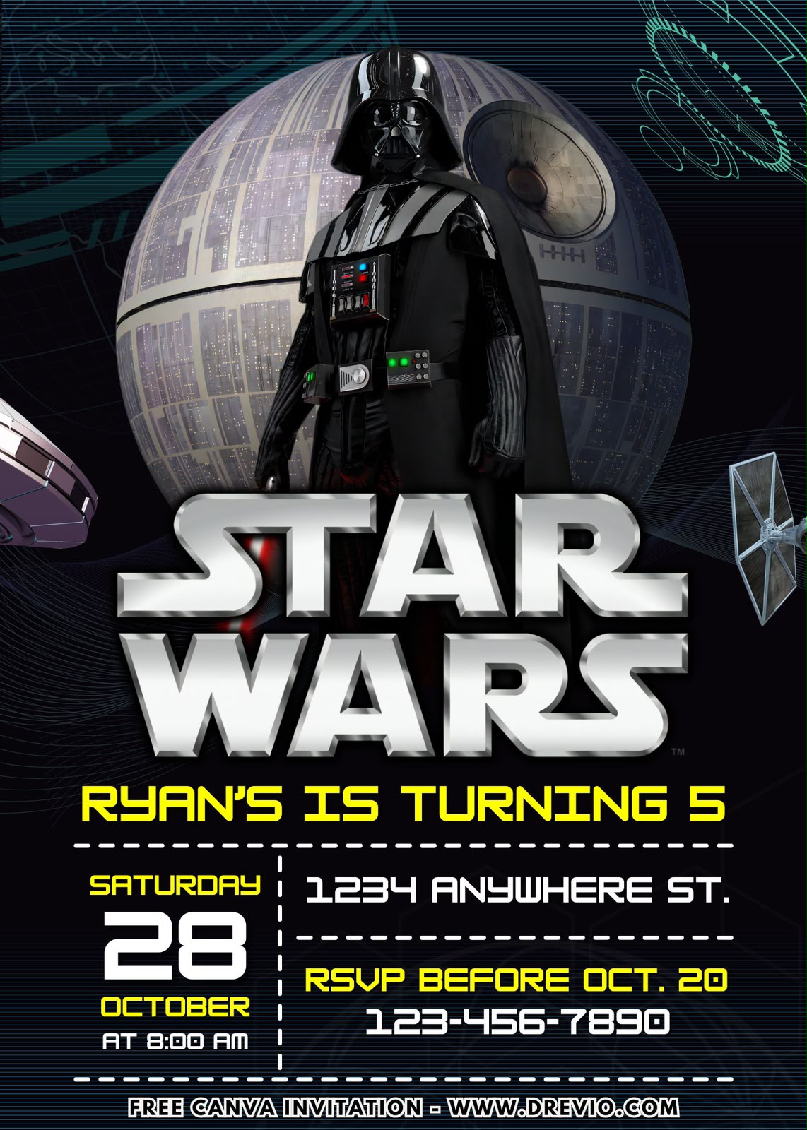 Star Wars themed birthday invitation Canva template for kids featuring cosmic planets, space explosion effects, and galaxy-inspired decorations