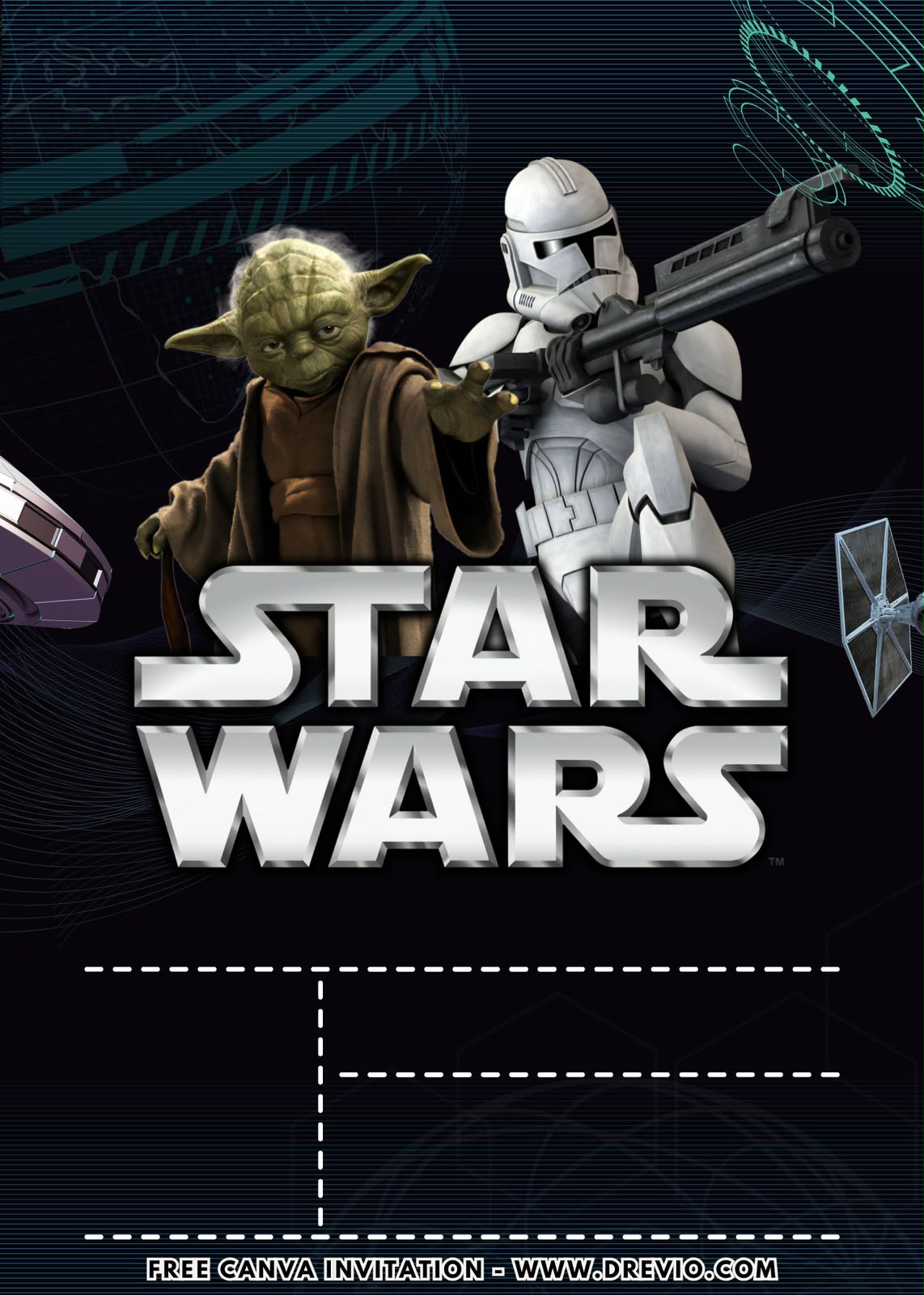 Kids birthday invitation design inspired by Star Wars galaxy theme with stars, outer space elements, futuristic typography, and lightsaber details
