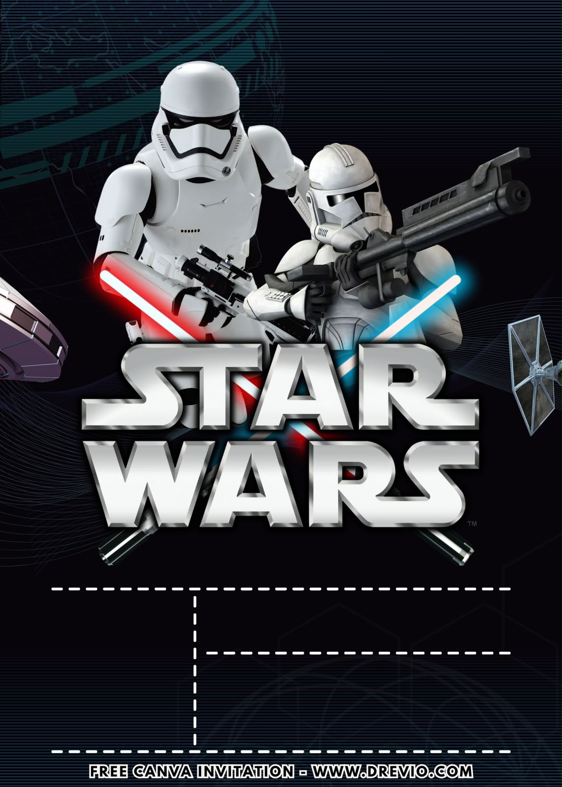 Editable Star Wars Galaxy Invitation template in Canva with dark galaxy background, colorful planets, shooting stars, and space adventure elements