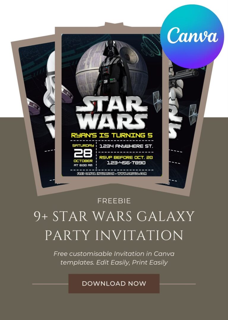 Star Wars Galaxy Invitation Canva template featuring deep space background, planets, stars, galaxy colors, and lightsaber-inspired birthday design