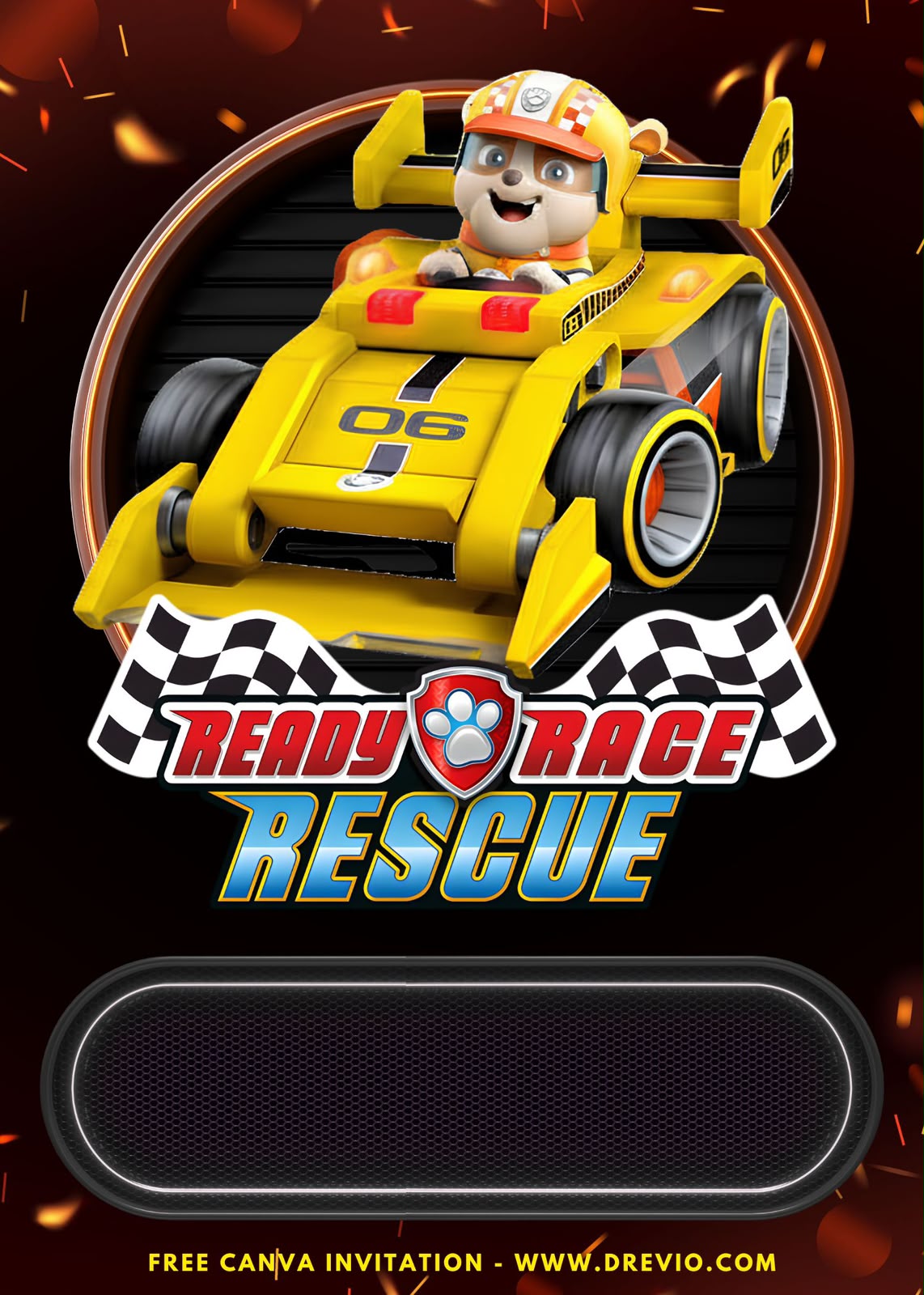 Free PAW Patrol birthday invitation template inspired by Ready Race Rescue with character illustrations, speed elements, and mission-style details