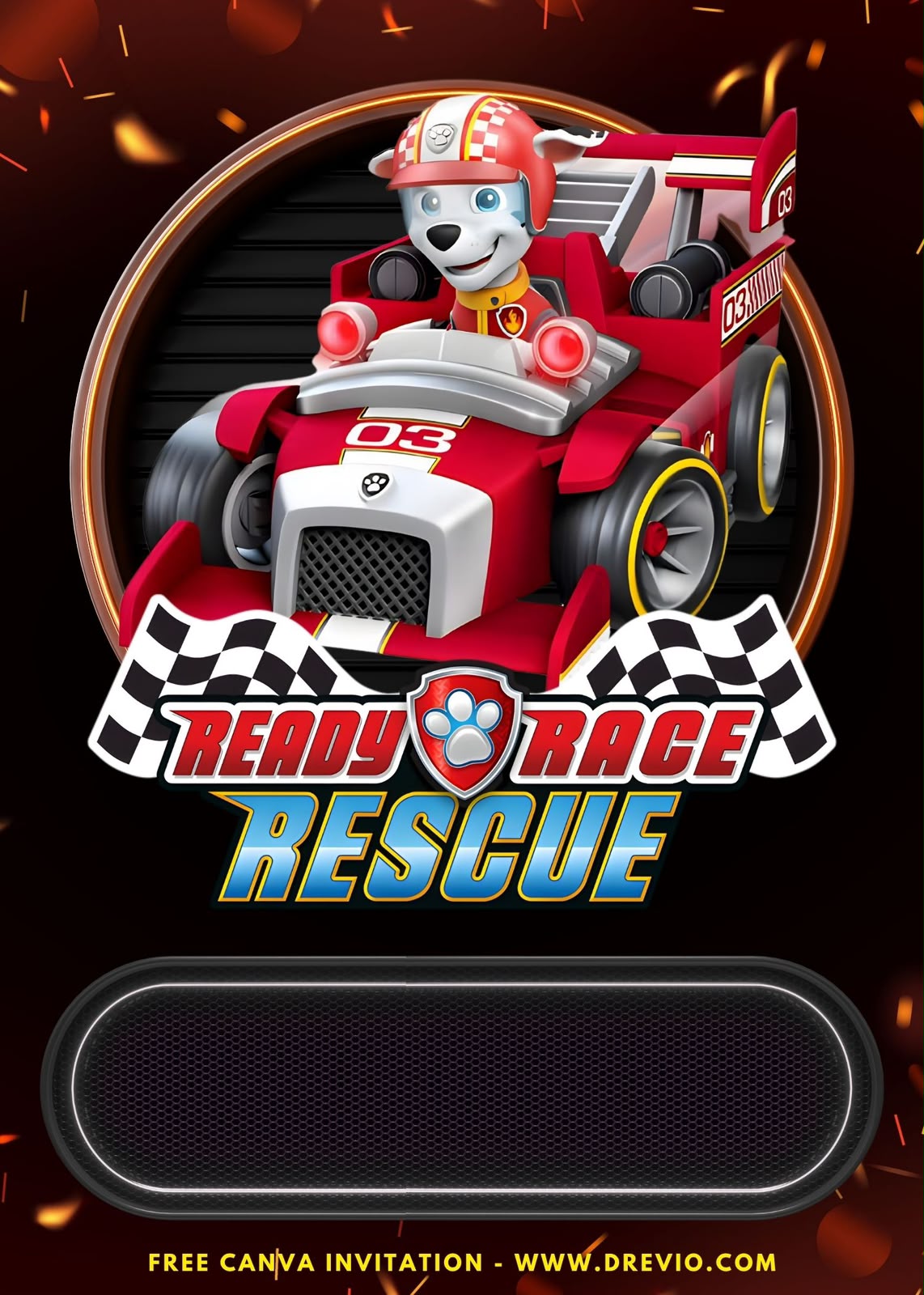 Editable PAW Patrol Invitation Canva template with rescue pups, checkered racing patterns, bold red blue yellow colors, and birthday details