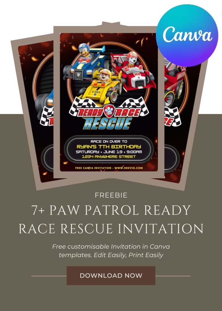 PAW Patrol Ready Race Rescue birthday invitation featuring Chase, Marshall, racing flags, rescue badges, and colorful vehicle elements