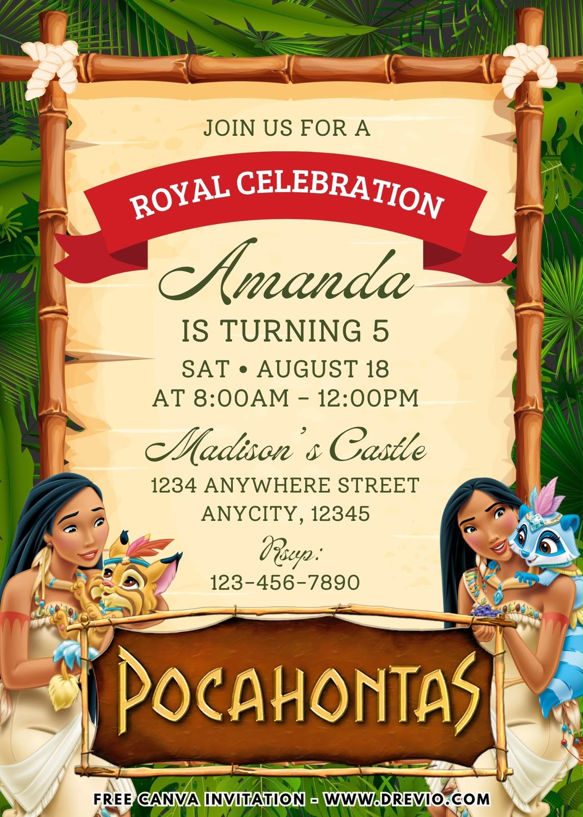 Boho Pocahontas party invitation featuring muted purple, orange, and green tones with feathers, flowers, arrows, and forest-inspired decorations