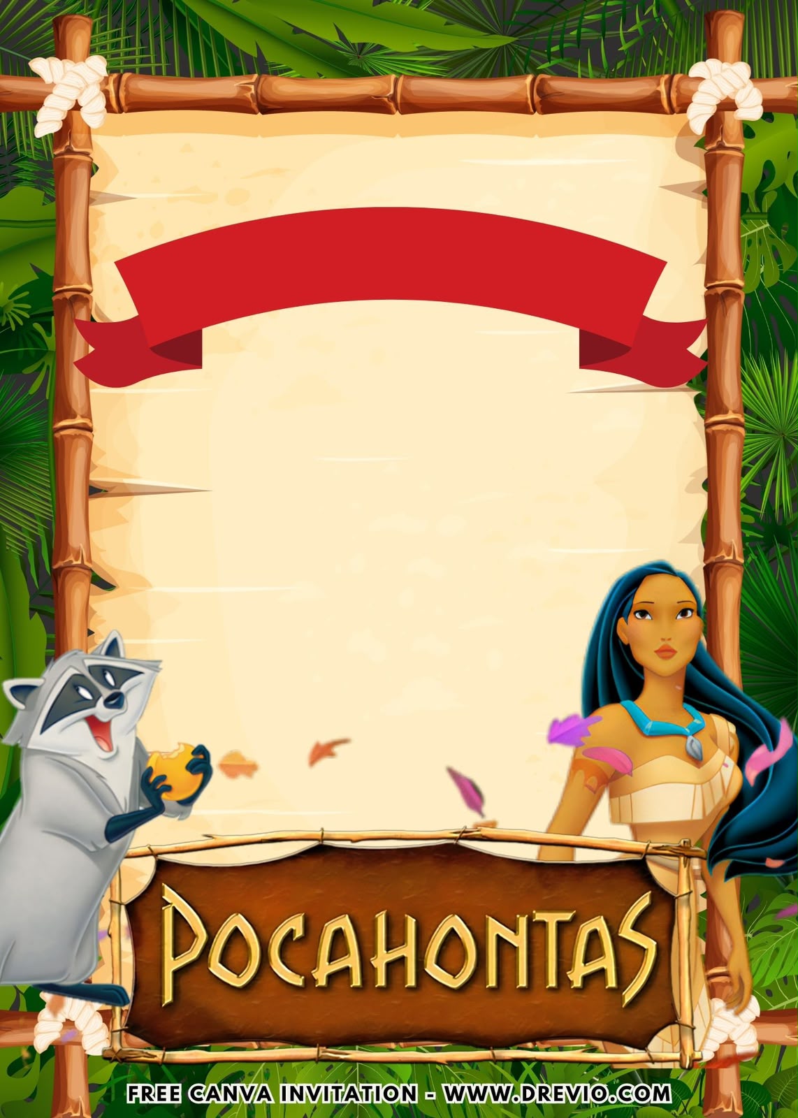 Cute Pocahontas birthday invitation design for kids with watercolor leaves, butterflies, woodland animals, and playful handwritten typography