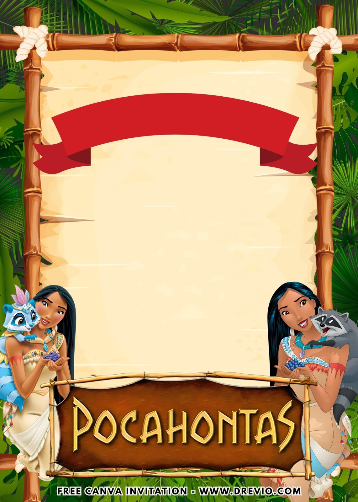 Editable Pocahontas Canva invitation with forest green and beige colors, feather details, nature elements, and outdoor adventure birthday theme