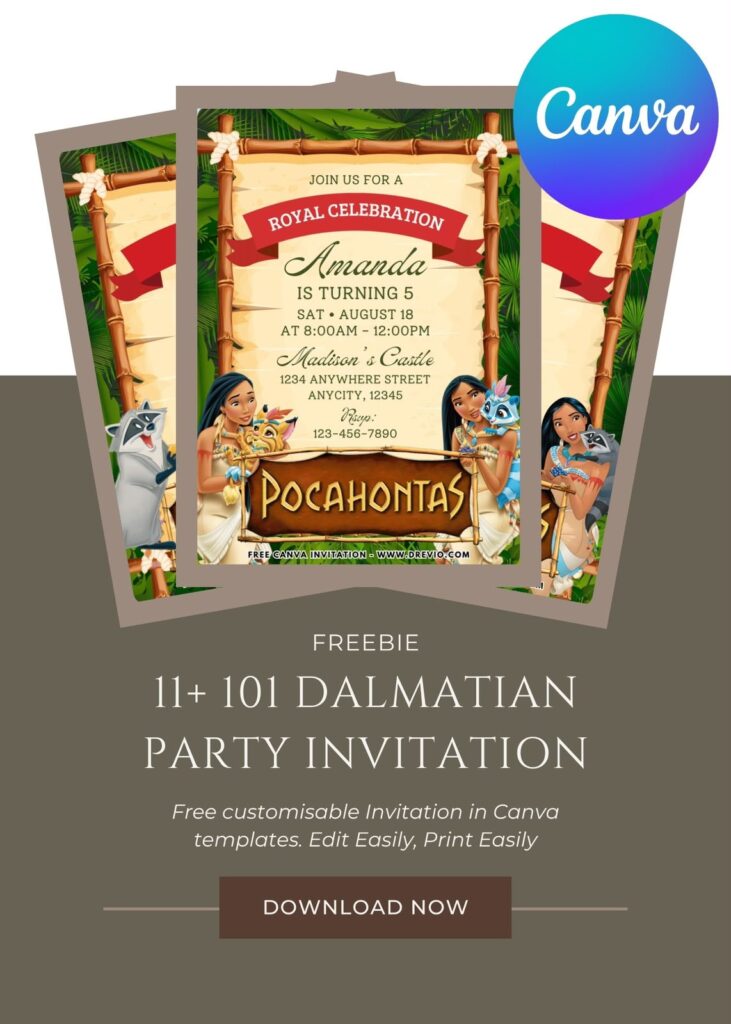 Pocahontas birthday invitation template featuring woodland adventure theme, watercolor forest background, feathers, leaves, butterflies, and earthy colors