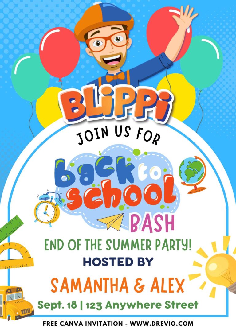 Free and Editable Blippi Back to School Bash Birthday Invitation Templates Made in Canva. Customize Online for free