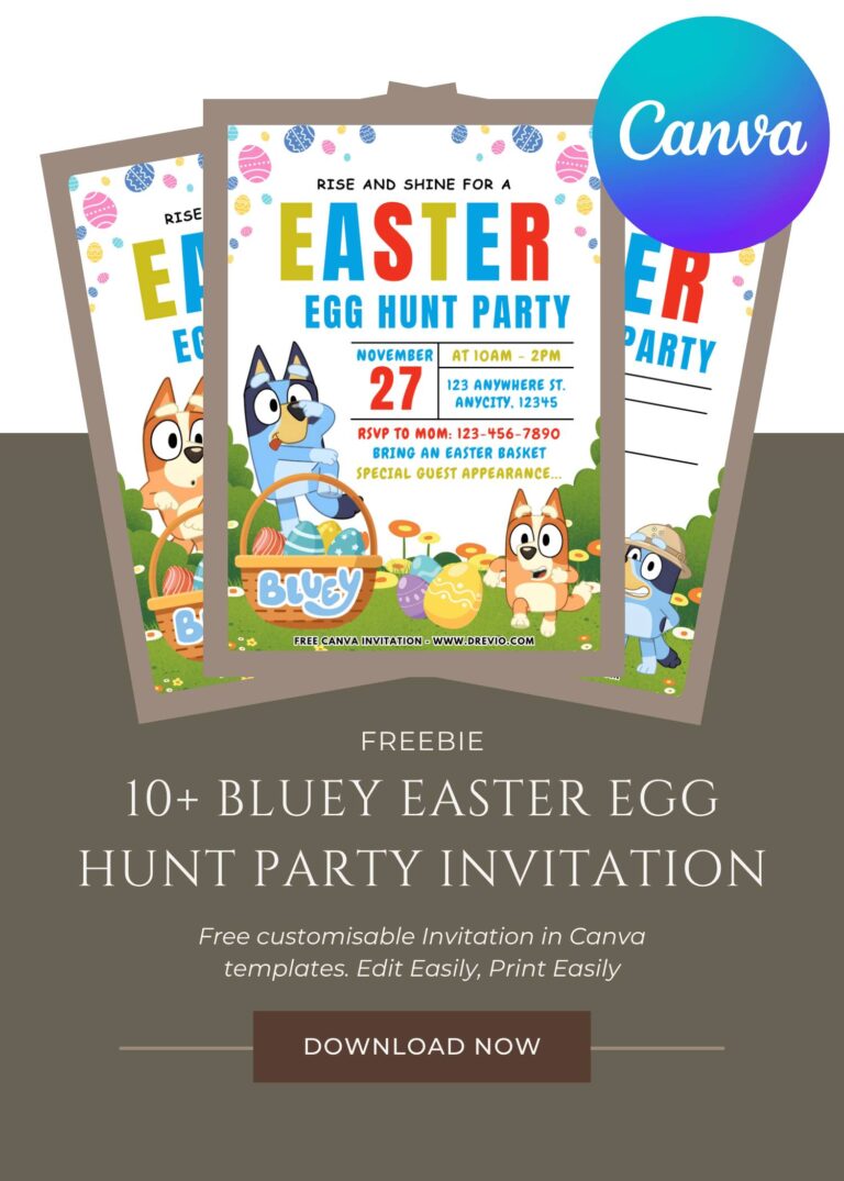 Free and Editable bluey easter egg hunt Party Invitation Templates Made in Canva. Customize Online for free