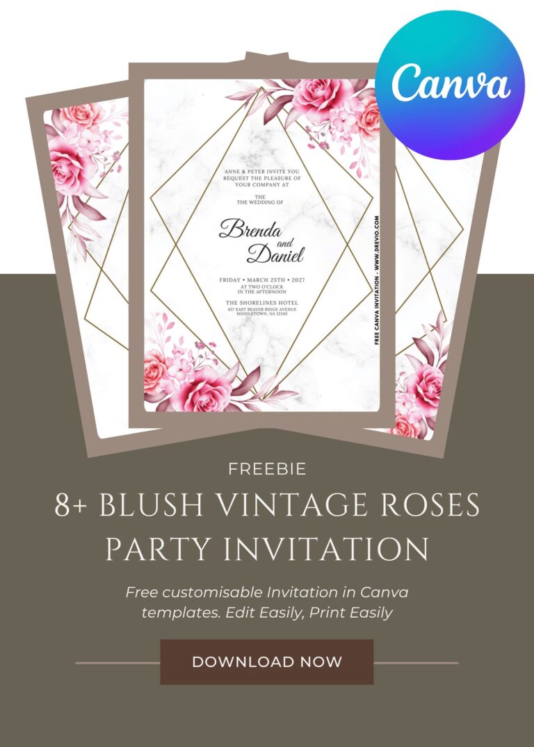 Free and Editable Gorgeous Vintage Blush Rose Wedding Invitation Templates Made in Canva. Customize Online for free