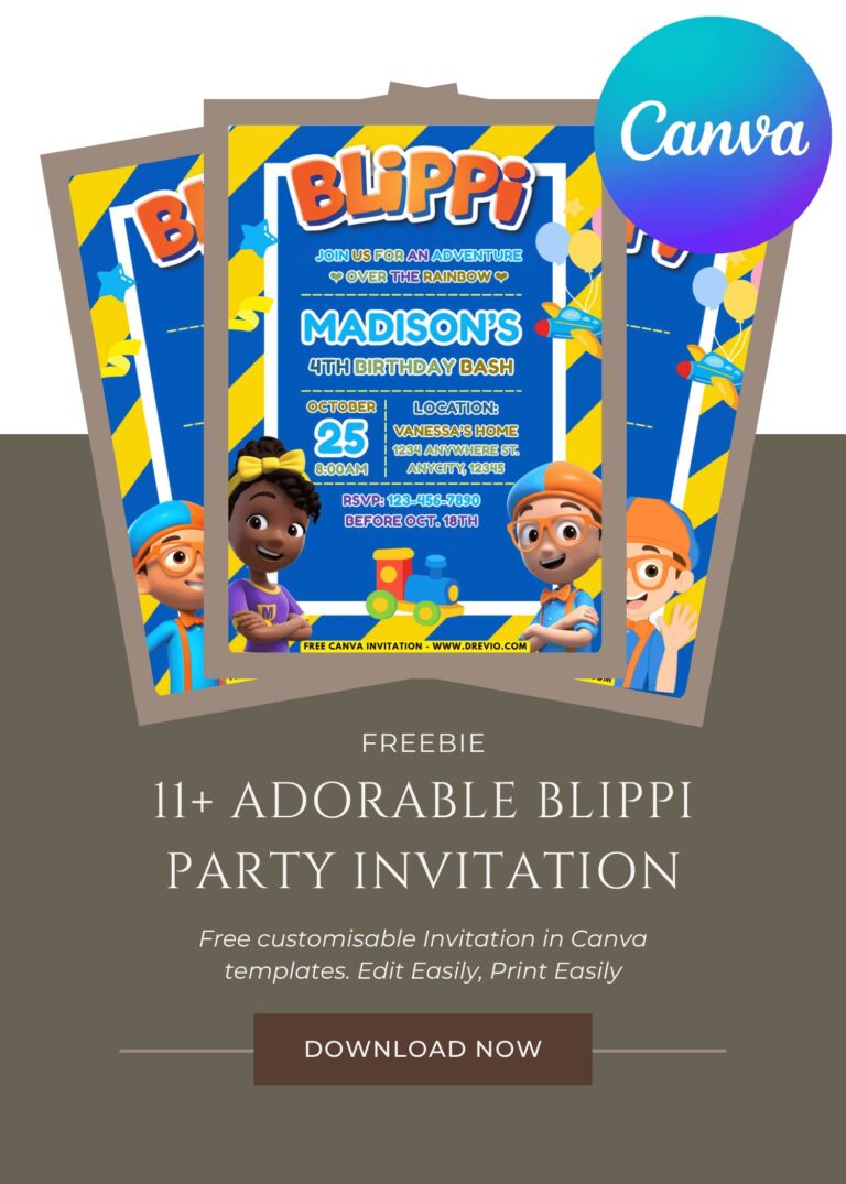 Free and Editable Blippi and Friends Birthday Invitation Templates Made in Canva. Customize Online for free