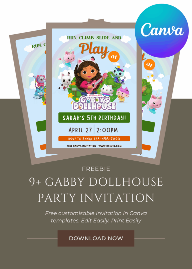 Free and Editable Pink Gabby Dollhouse Birthday Invitation Templates Made in Canva. Customize Online for free