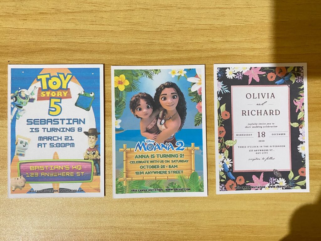 preview of toy story 5 buzz lightyear, woody, jessie & smarty pants, Moana 2, and vintage botanical invitation printed on 5x7 250gsm matte cardstock papers