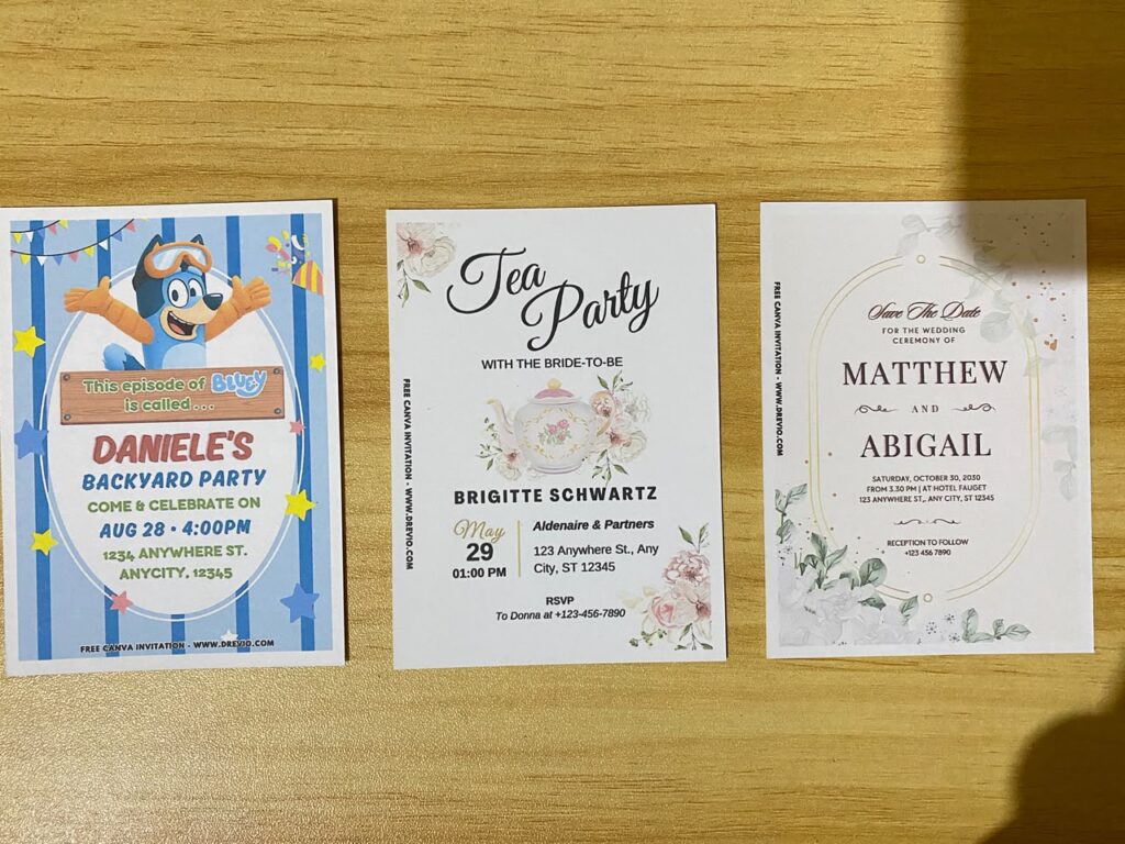 Preview of Wackadoo Bluey Backyard, Watercolor Garden, and Floral Tea Party invitation template Printed on 5x7 250gsm matte cardstock paper