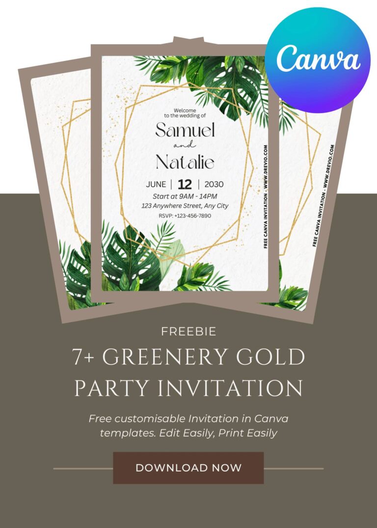 Free and Editable Aesthetic Geometric Greenery Gold Wedding Invitation Templates Made in Canva. Customize Online for free