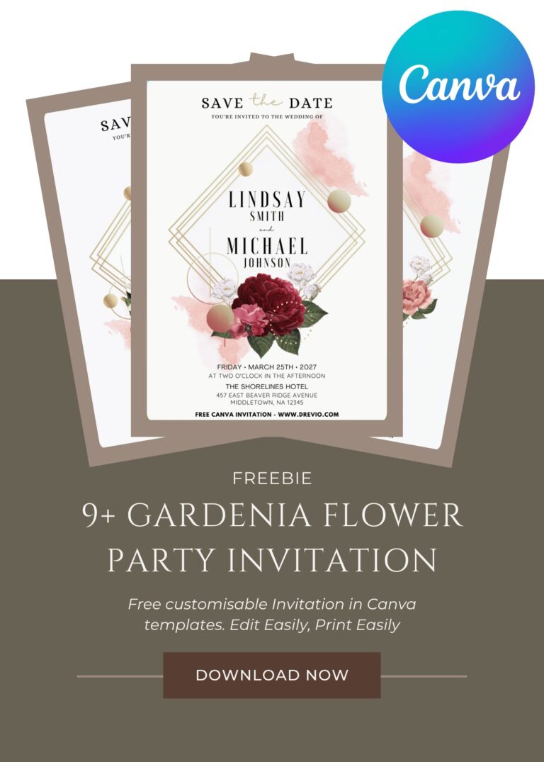 Free and Editable watercolor Gardenia wedding Invitation Templates Made in Canva. Customize Online for free