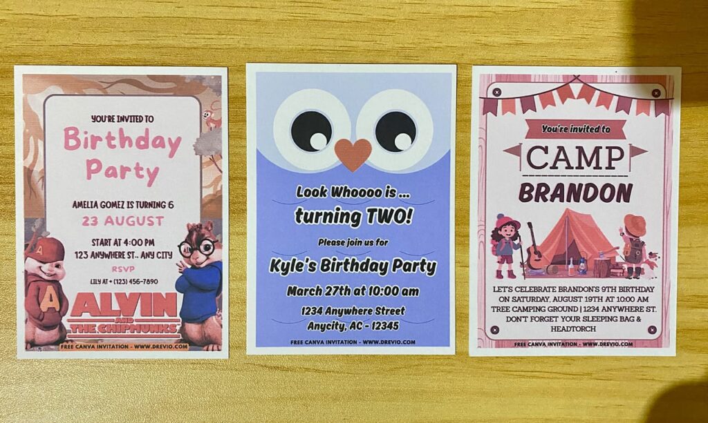 Preview of Fun Summer Camp Kids Party, Woodland Owl, and Jungle Alvin and the Chipmunk Birthday Invitation Printed on A7 5x7 250gsm 80lb Matte Cardstock Paper